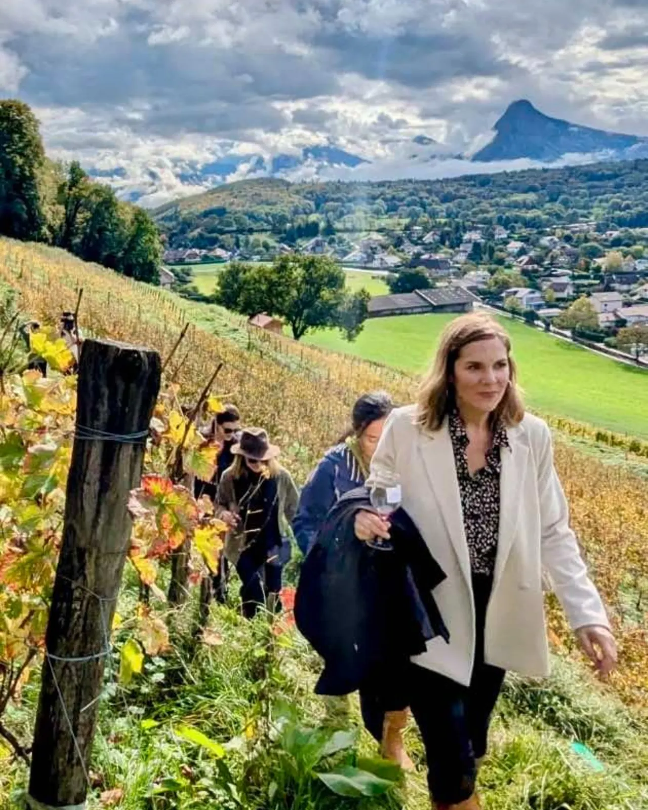 Guests walking through Alpine vineyards with mountain views
